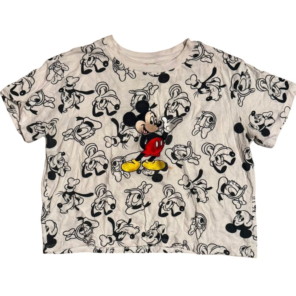 Disney Mickey and Friends All Over Print Crop Top White XL Mickey Mouse Tee